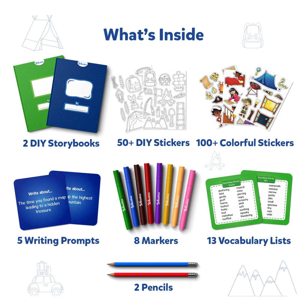 Creative writing kit ages 5-10 with storybooks, DIY stickers, writing prompts, markers, pencils, and vocabulary lists