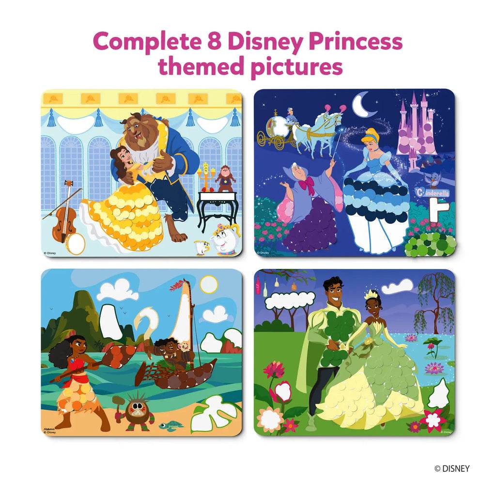 Skillmatics Disney Princess sticker art kit with four completed Disney Princess themed pictures