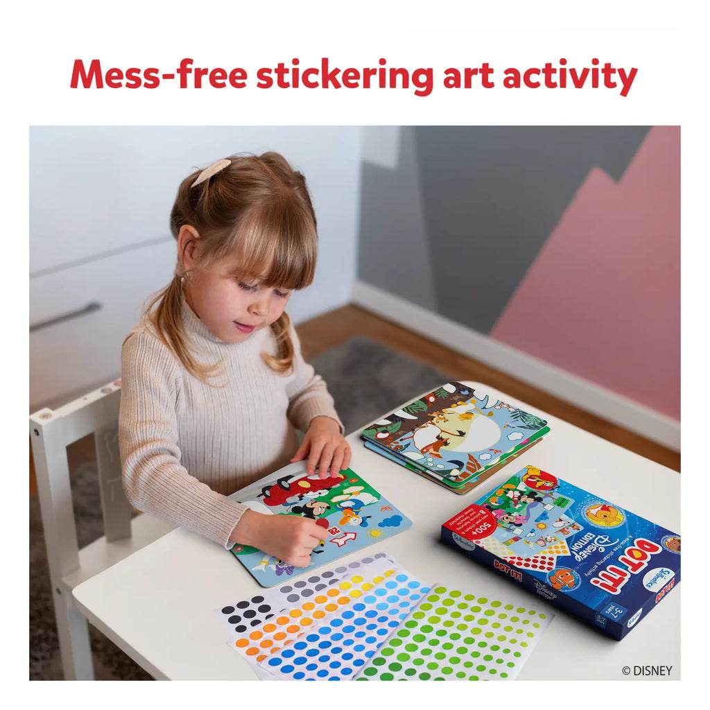 Young girl using Skillmatics Dot it Disney edition with Disney sticker art kit for kids for mess-free stickering