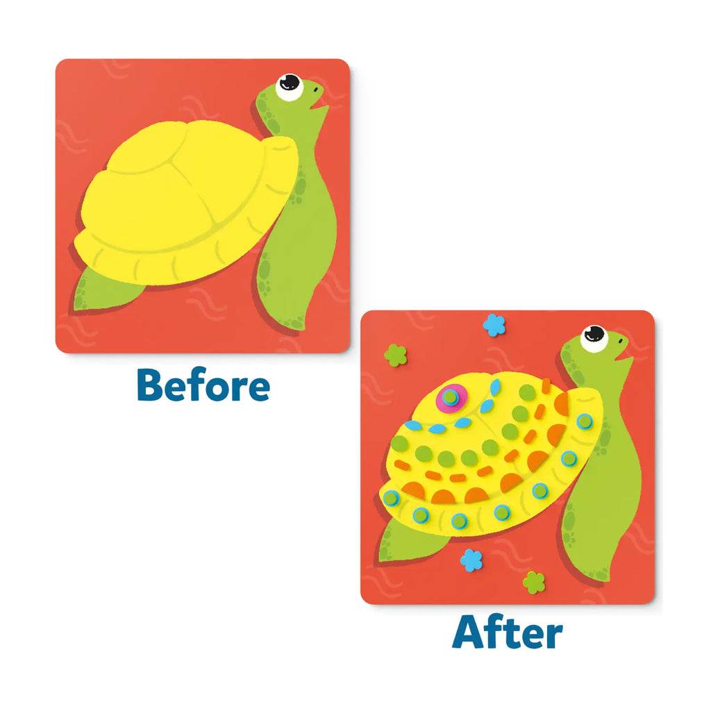 Skillmatics foam sticker ocean craft kit showing before and after decorated turtle with colorful foam stickers