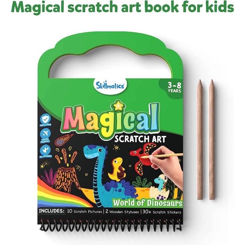 Magical scratch art book with wooden styluses featuring dinosaurs for scratch art kit for toddlers India