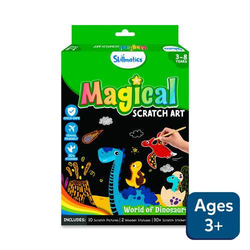 Magical scratch art kit for toddlers India featuring dinosaur designs with 10 pictures and wooden styluses