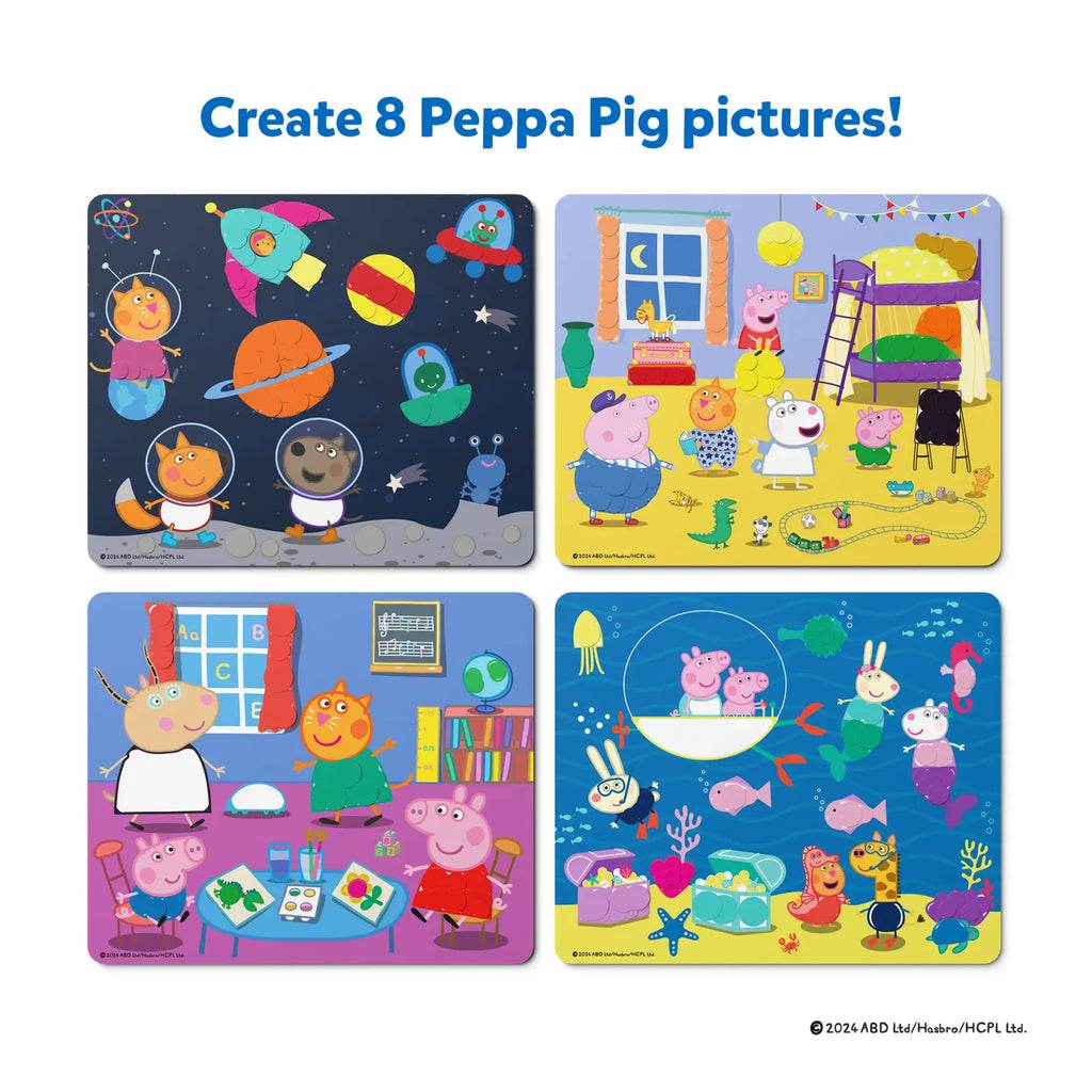 Skillmatics Peppa Pig sticker art kit to create 8 colorful Peppa Pig pictures with space, home, school, and underwater themes