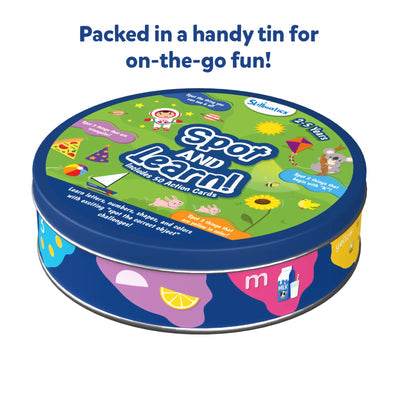 Spot and Learn educational toddler flash cards packed in a handy tin for preschool flash cards for toddlers