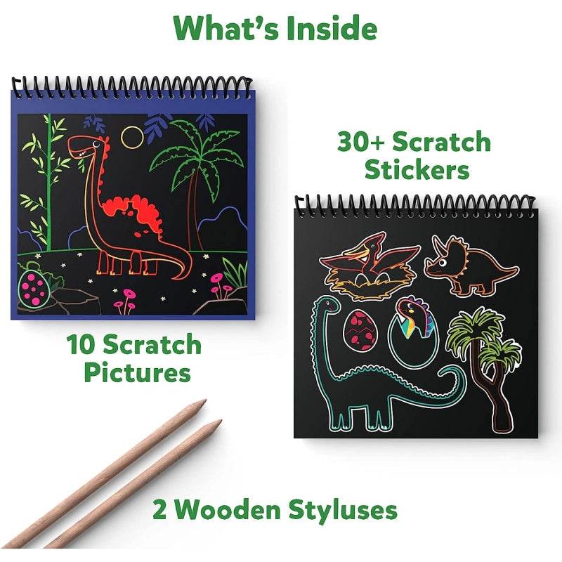 Scratch art kit for toddlers India with 10 dinosaur pictures, 30 scratch stickers, and 2 wooden styluses