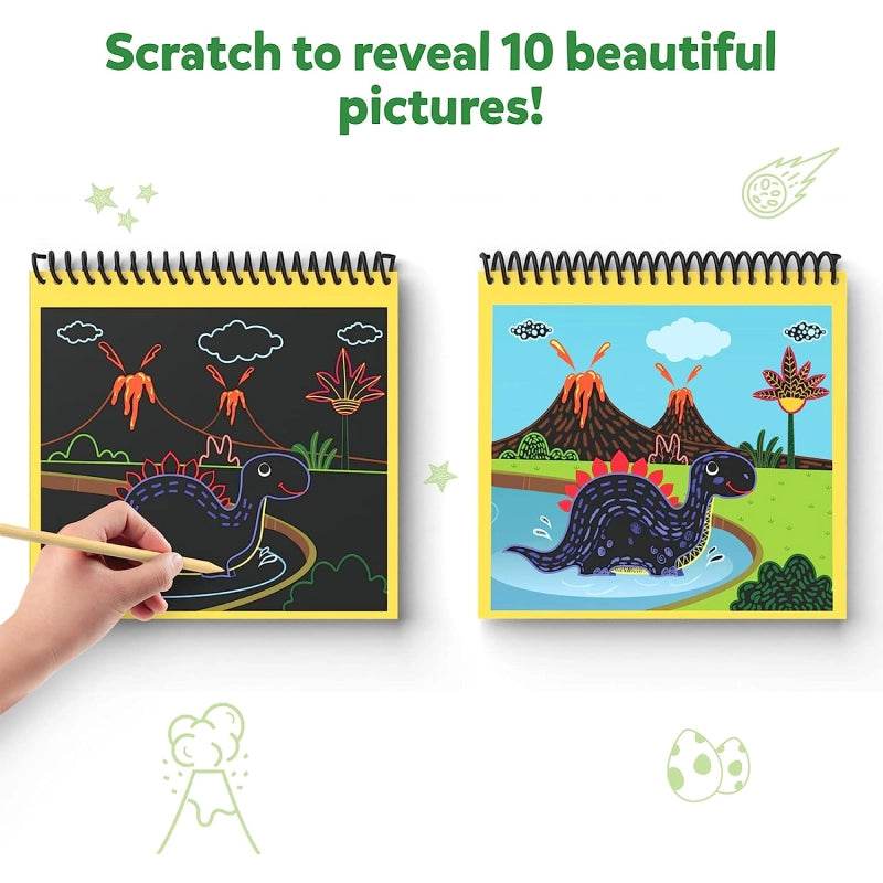 Scratch art kit for toddlers India showing dinosaur pictures revealed by scratching black coating