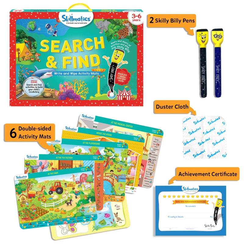 T-Rex the toyland search and find activity mats set with double-sided mats, Skilly Billy pens, duster cloth, and achievement certificate