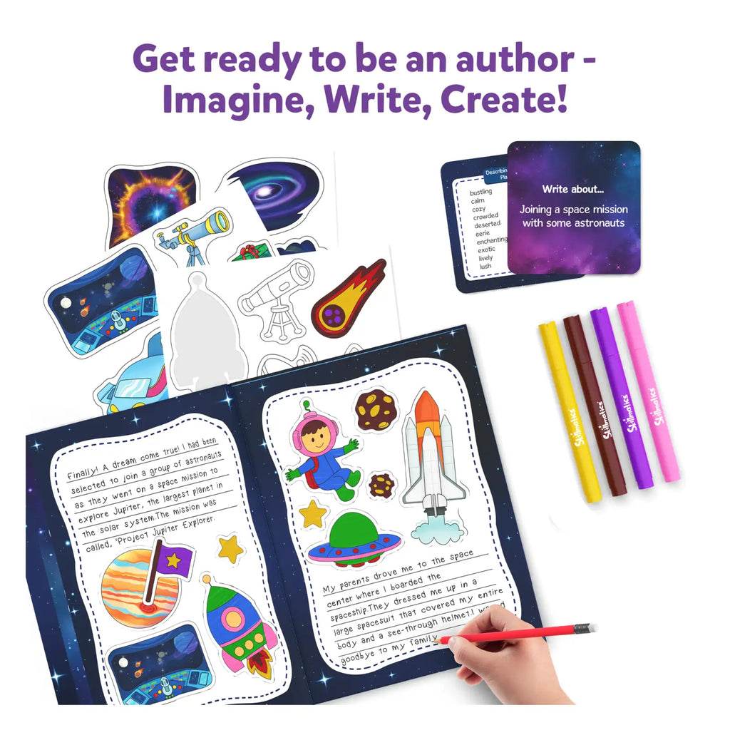 Space art kit for kids with space-themed stickers, colorful markers, and creative writing prompts