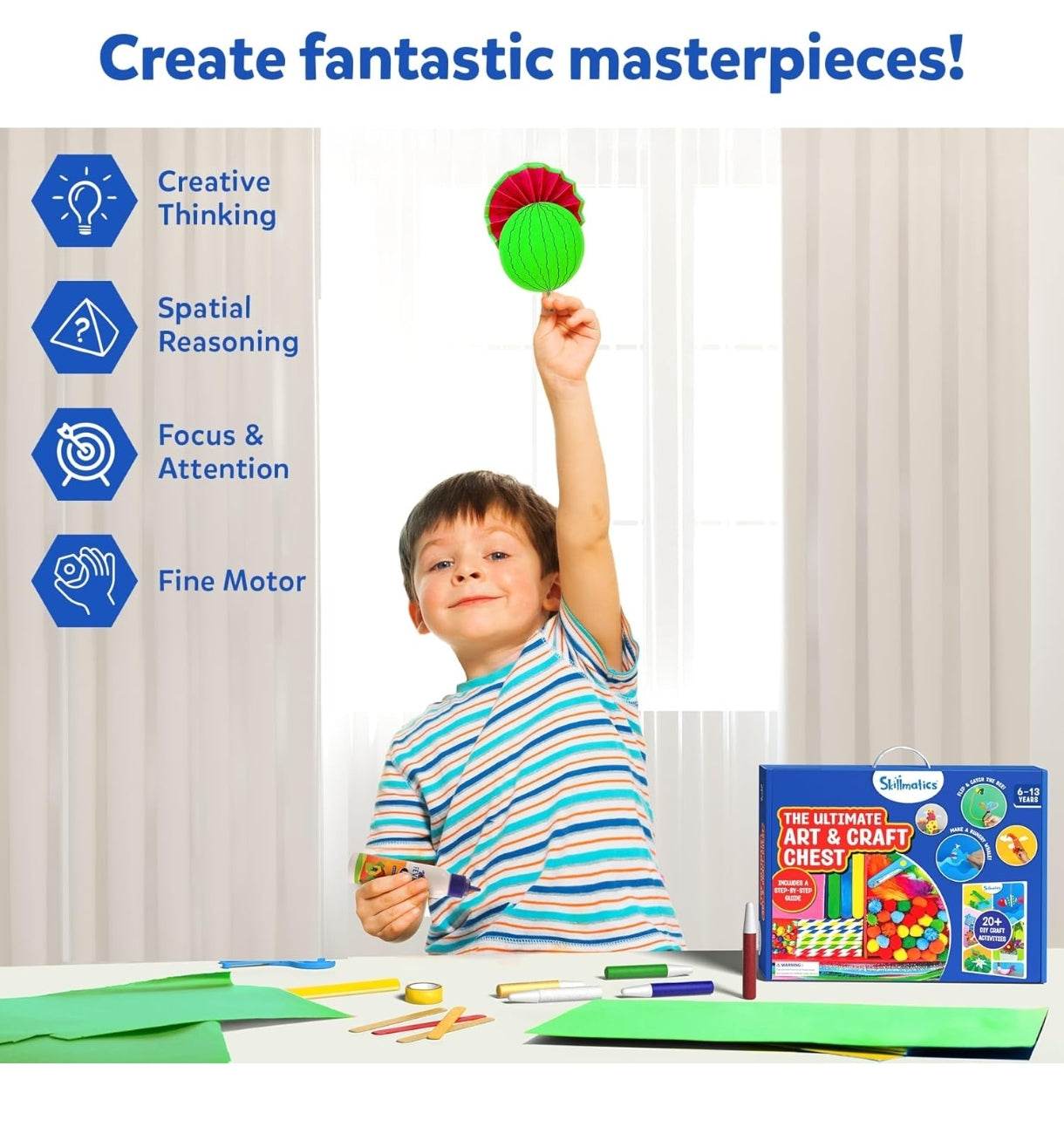 Child playing with the Ultimate art and craft kit for kids creating colorful paper crafts at a table