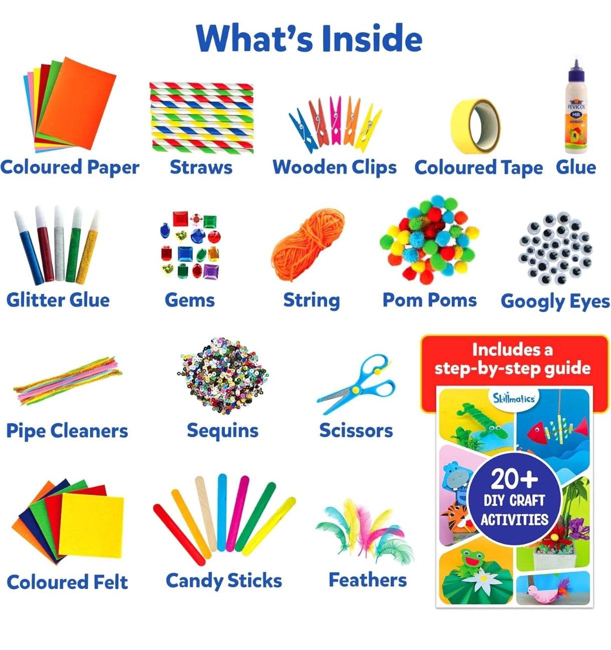 Ultimate art and craft kit for kids with colored paper, glue, glitter, scissors, pipe cleaners, feathers, and more