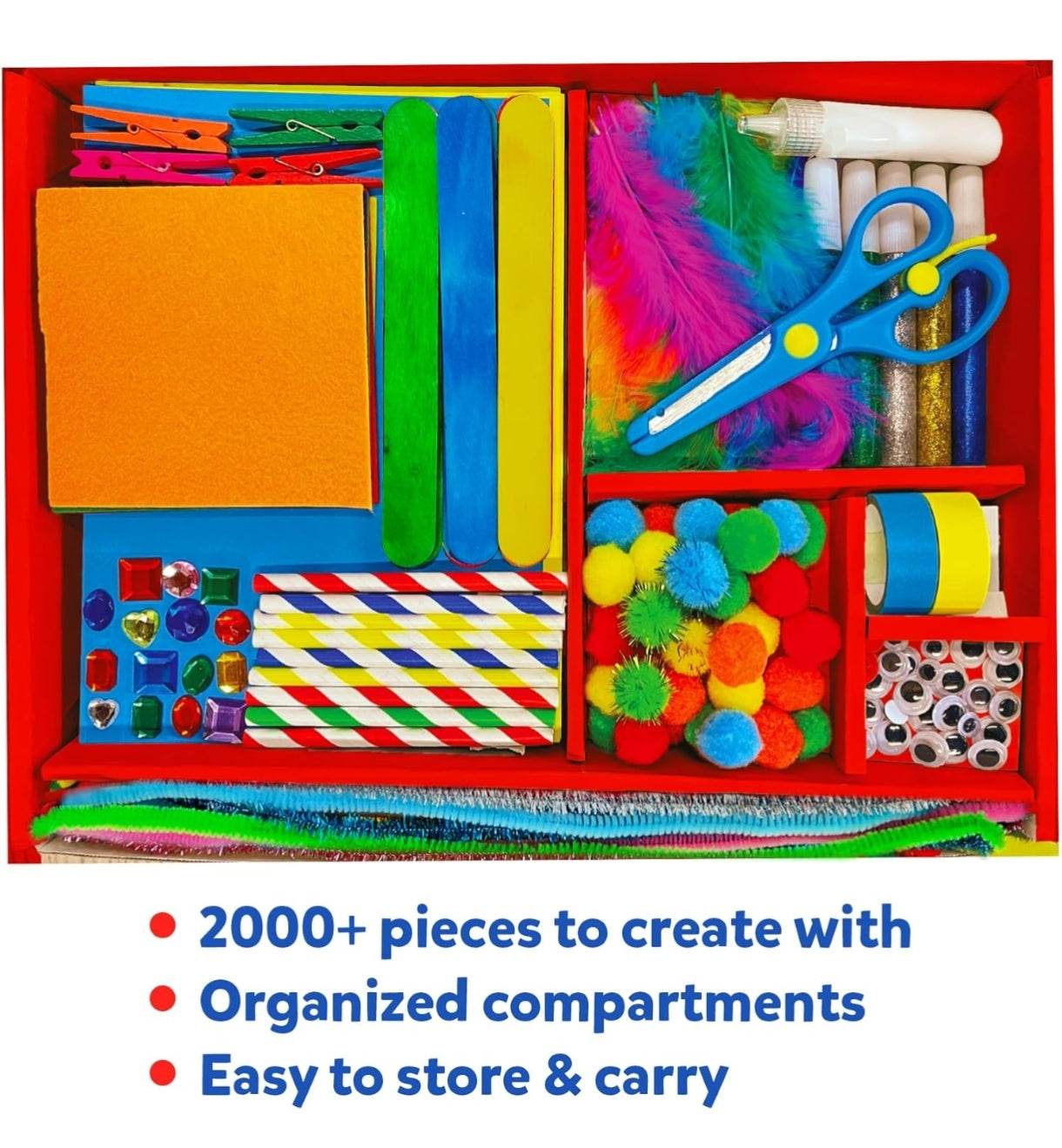 Ultimate art and craft kit for kids with colorful sticks, feathers, scissors, glue, pom poms, and craft supplies