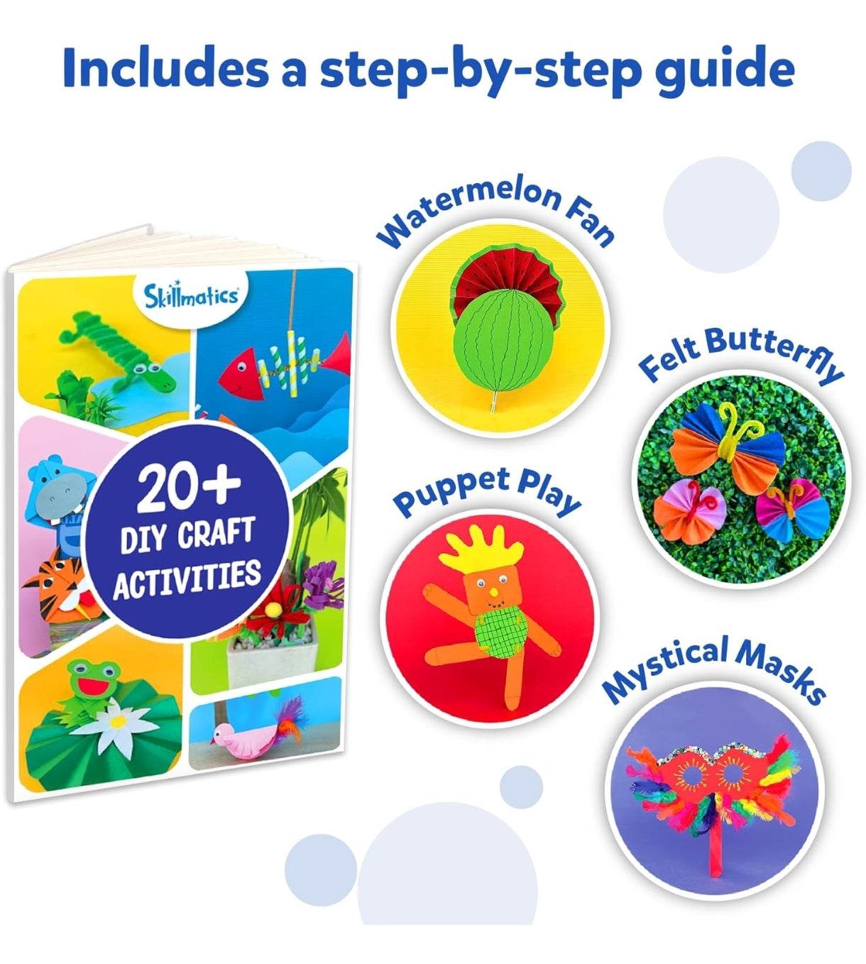 Ultimate art and craft kit for kids with 20 DIY craft activities including watermelon fan, felt butterfly, puppet play, and mystical masks
