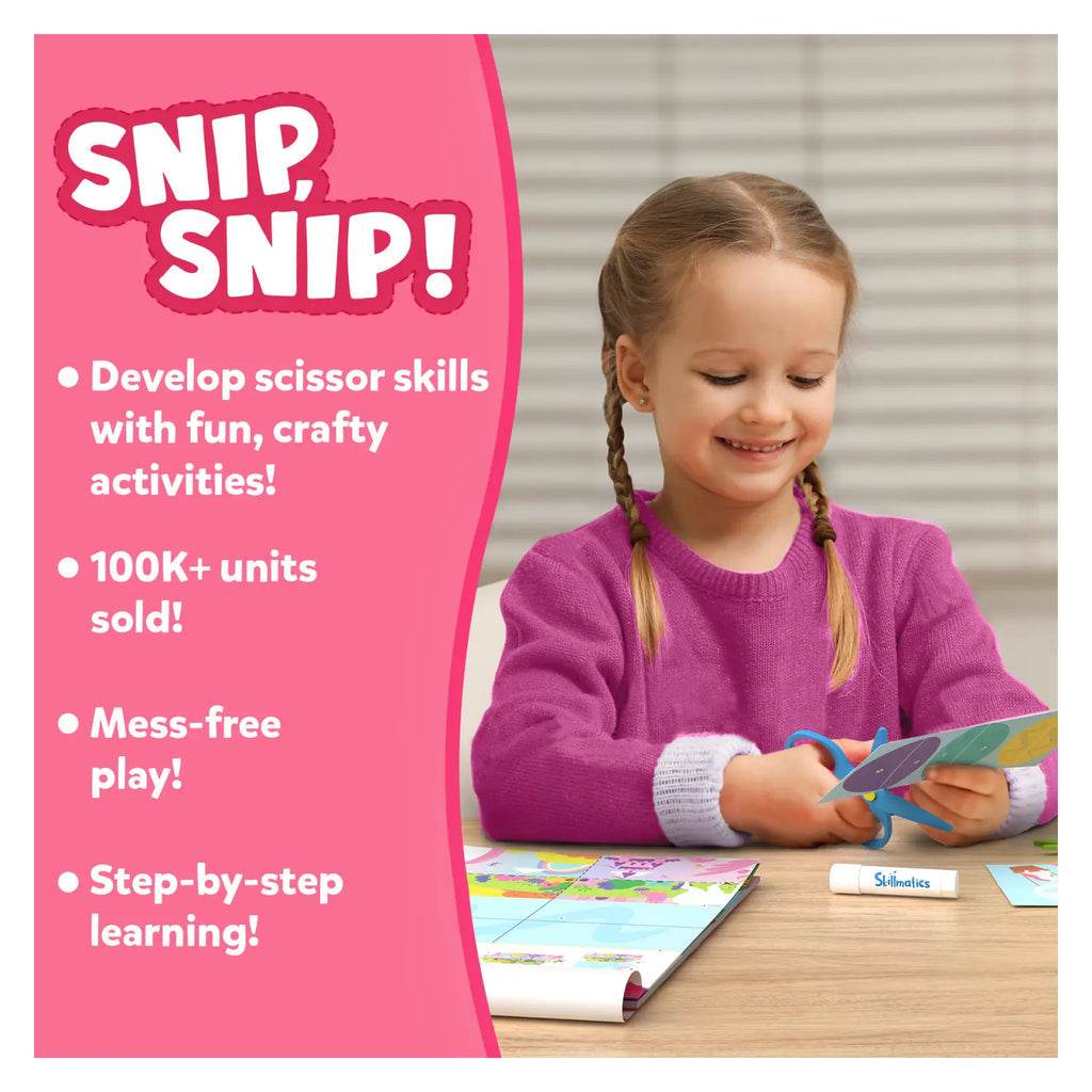 Child using scissors for crafts in unicorn and princess activity set to develop scissor skills