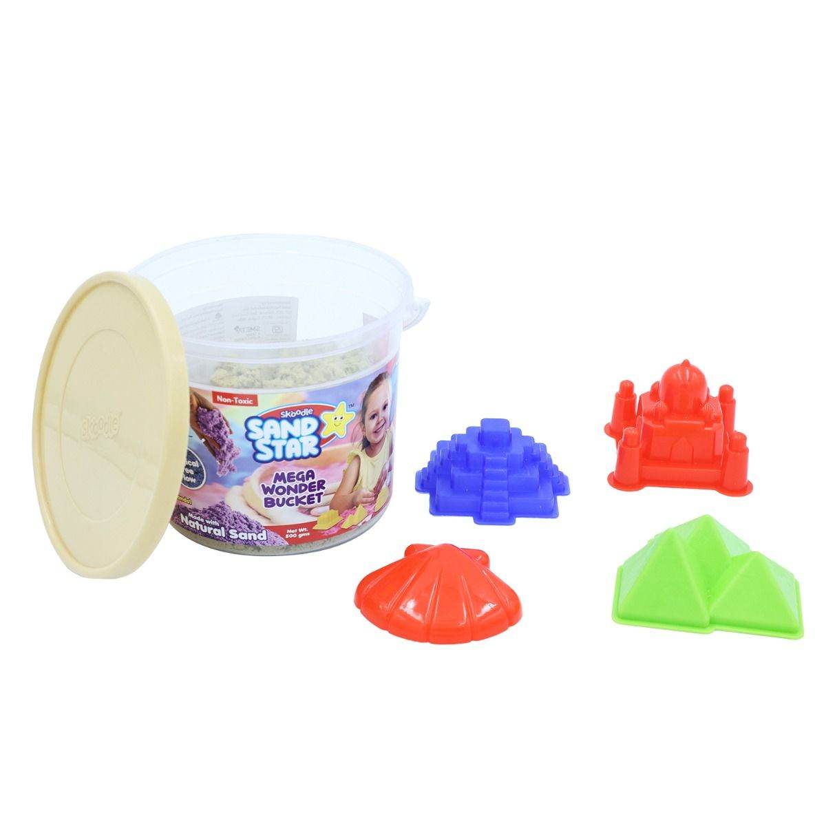 Skoodle Mega Sand Star bucket with colorful sand molds and natural sand for creative play