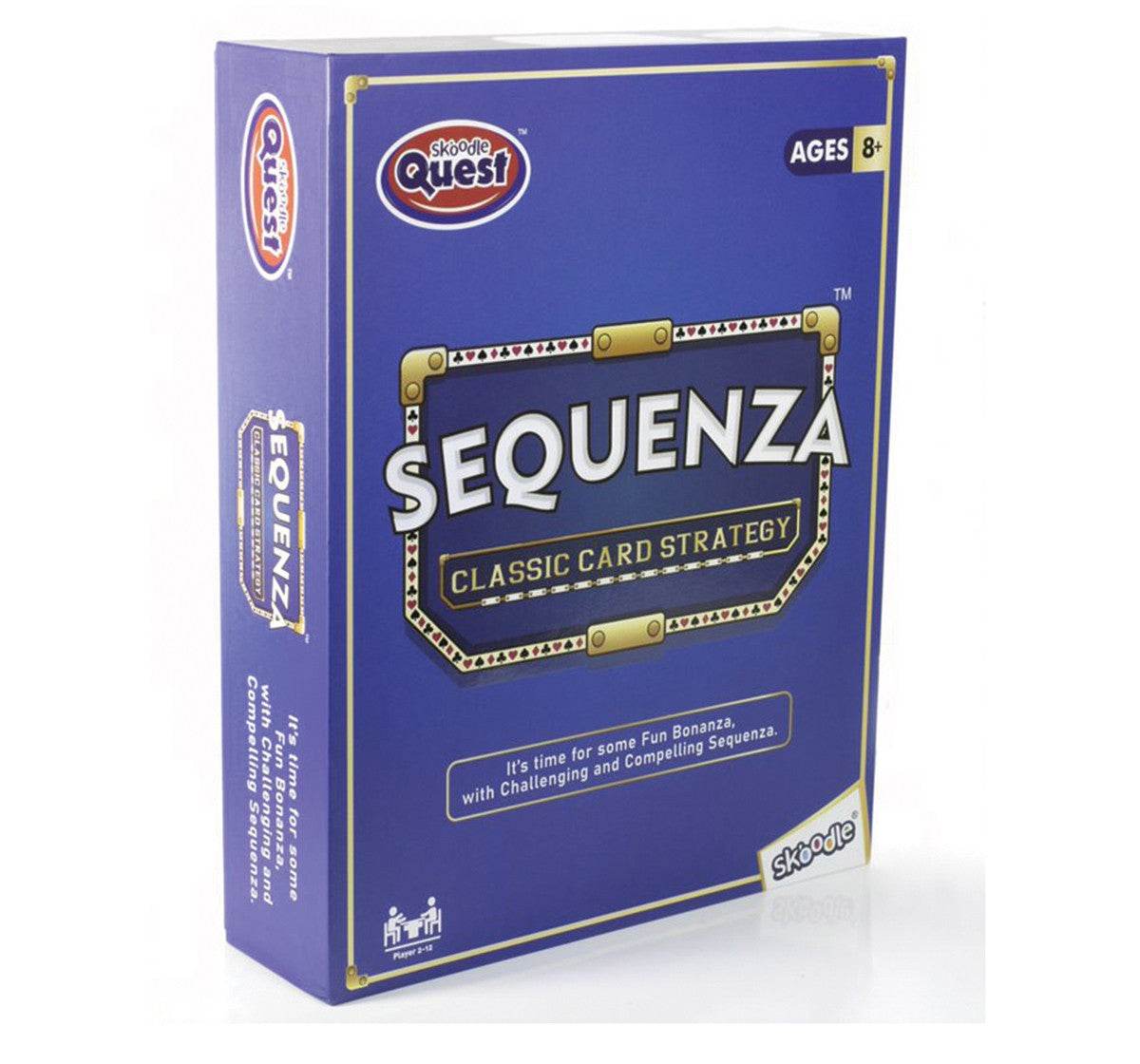 Skoodle Sequenza card game classic strategy board game for ages 8 and up in blue packaging