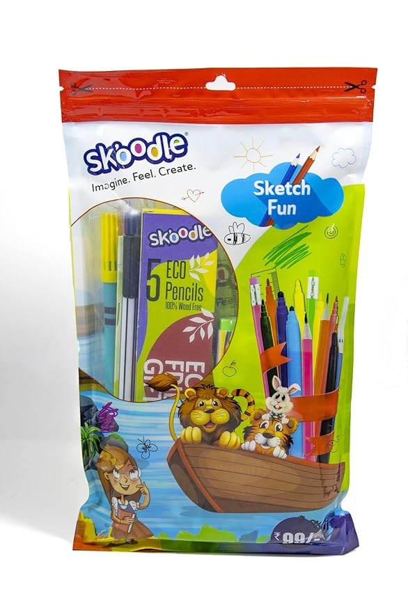 Skoodle art kit for kids with eco pencils and colorful sketching pens in a resealable bag