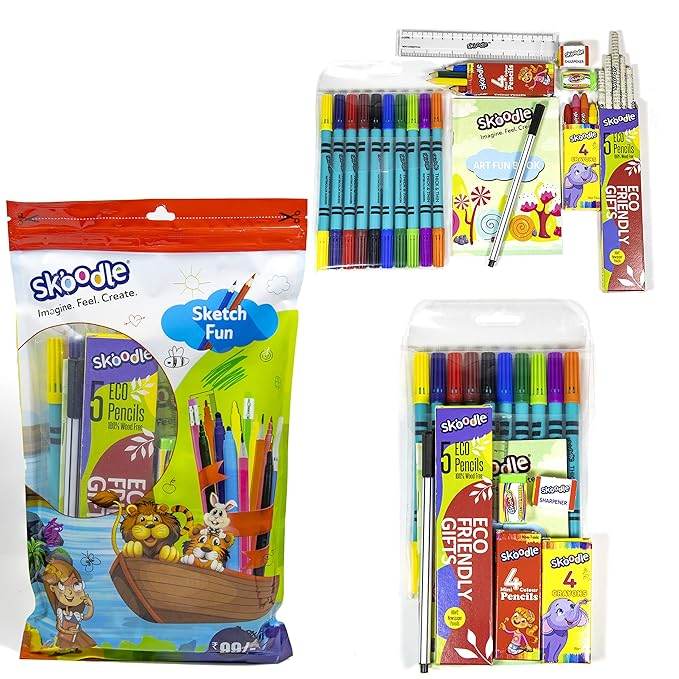 Skoodle art kit for kids with eco pencils, markers, sketch pad, and drawing accessories for creative fun