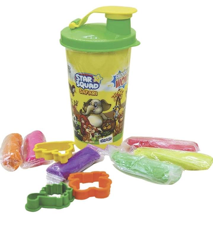 Skoodle Wow Surprise Pack toy with colorful modeling clay and animal-shaped cutters in a safari-themed container