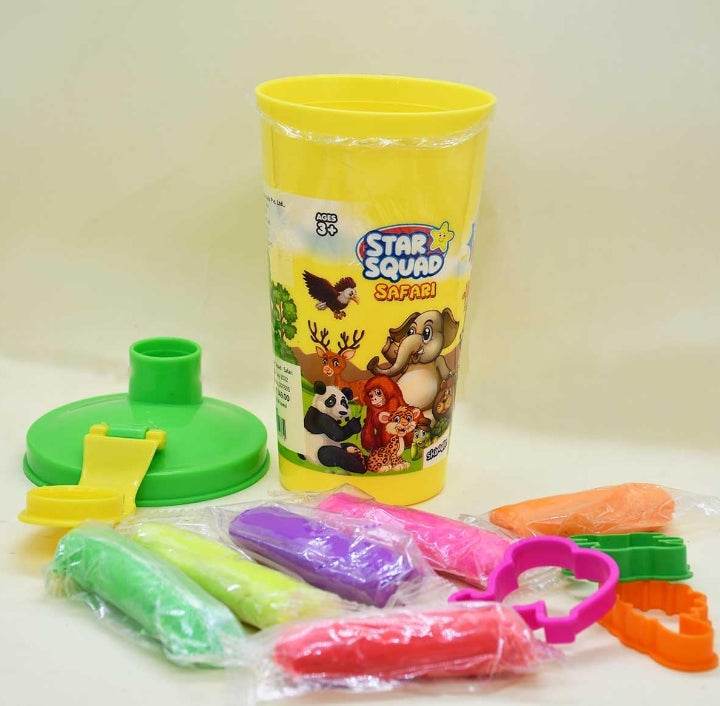 Skoodle Wow Surprise Pack toy with colorful modeling clay sticks and safari-themed yellow container