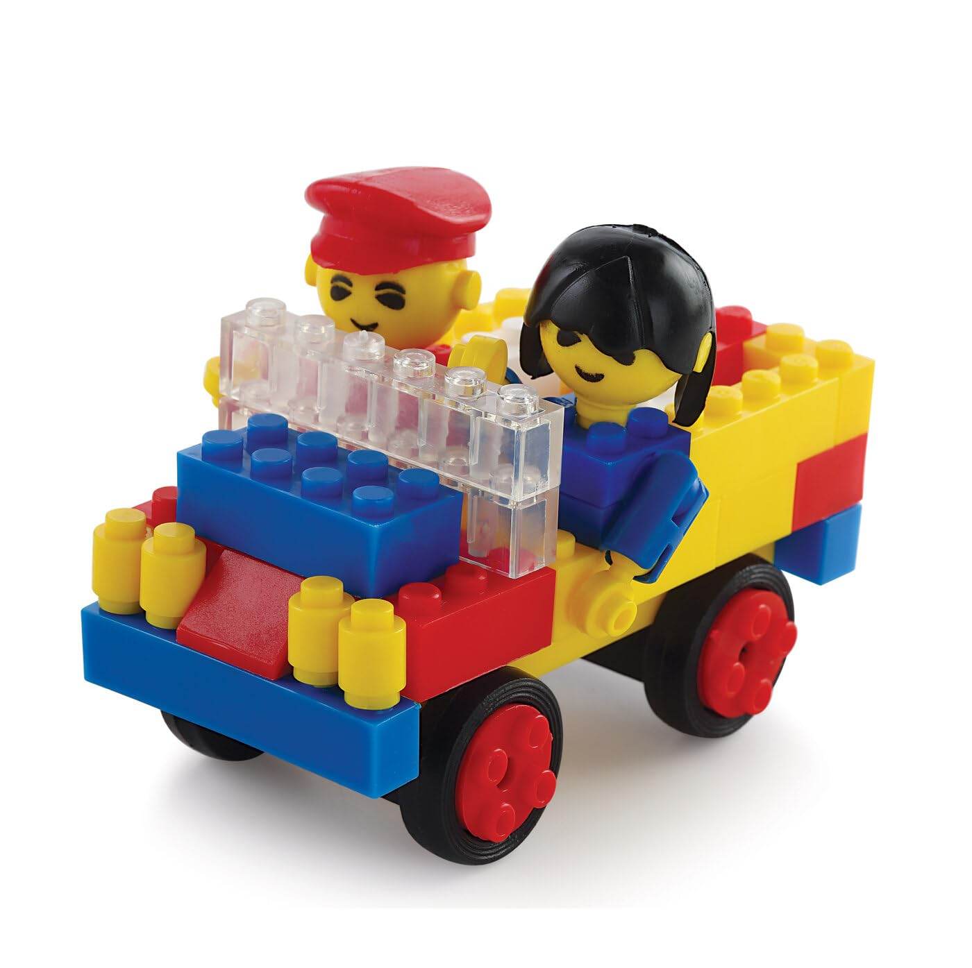 Colorful interlocking building toys for kids creating a toy car with two mini figures seated inside