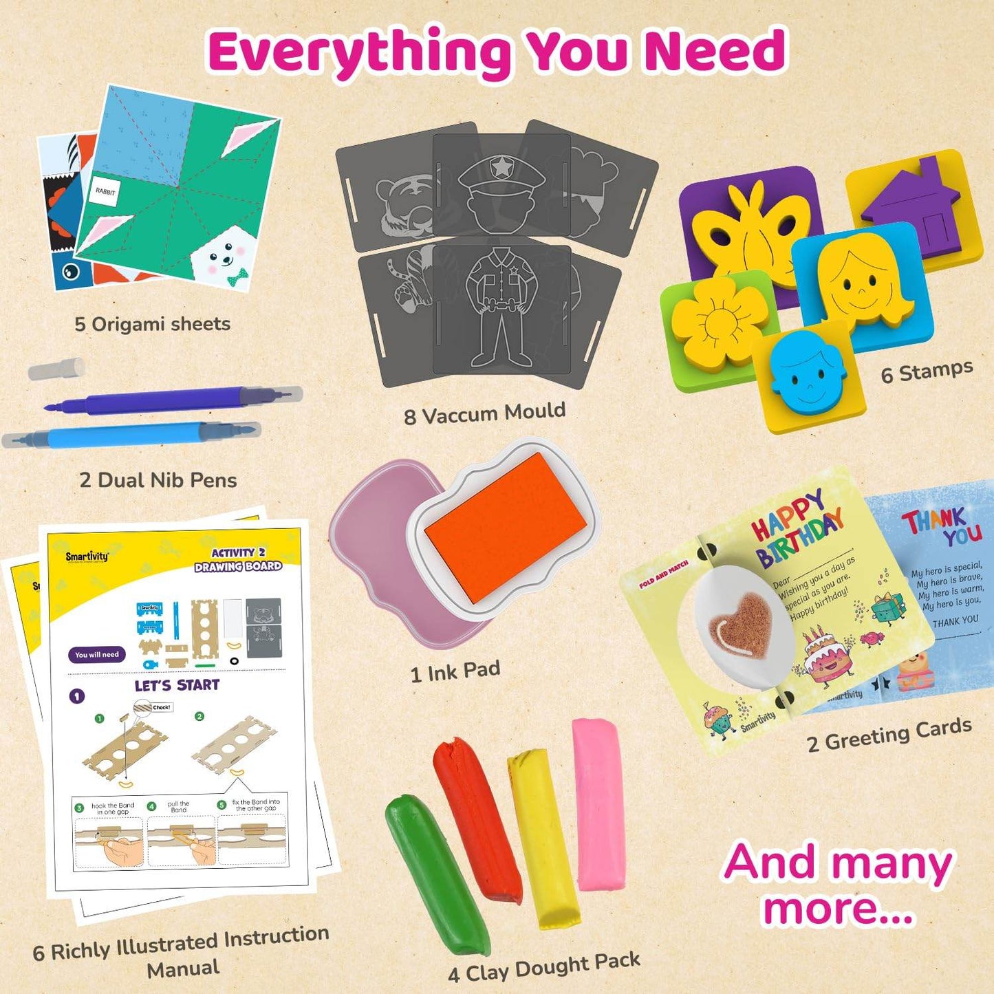 Art and craft kit for girls including origami sheets stamps clay dough pens ink pad and greeting cards