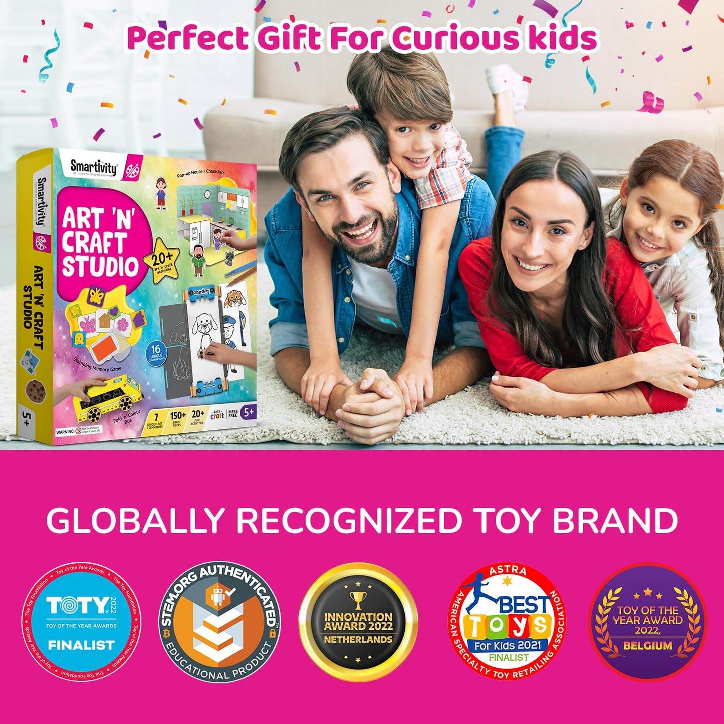 Smartivity Art N Craft Studio box displayed with happy family promoting art and craft kit for girls