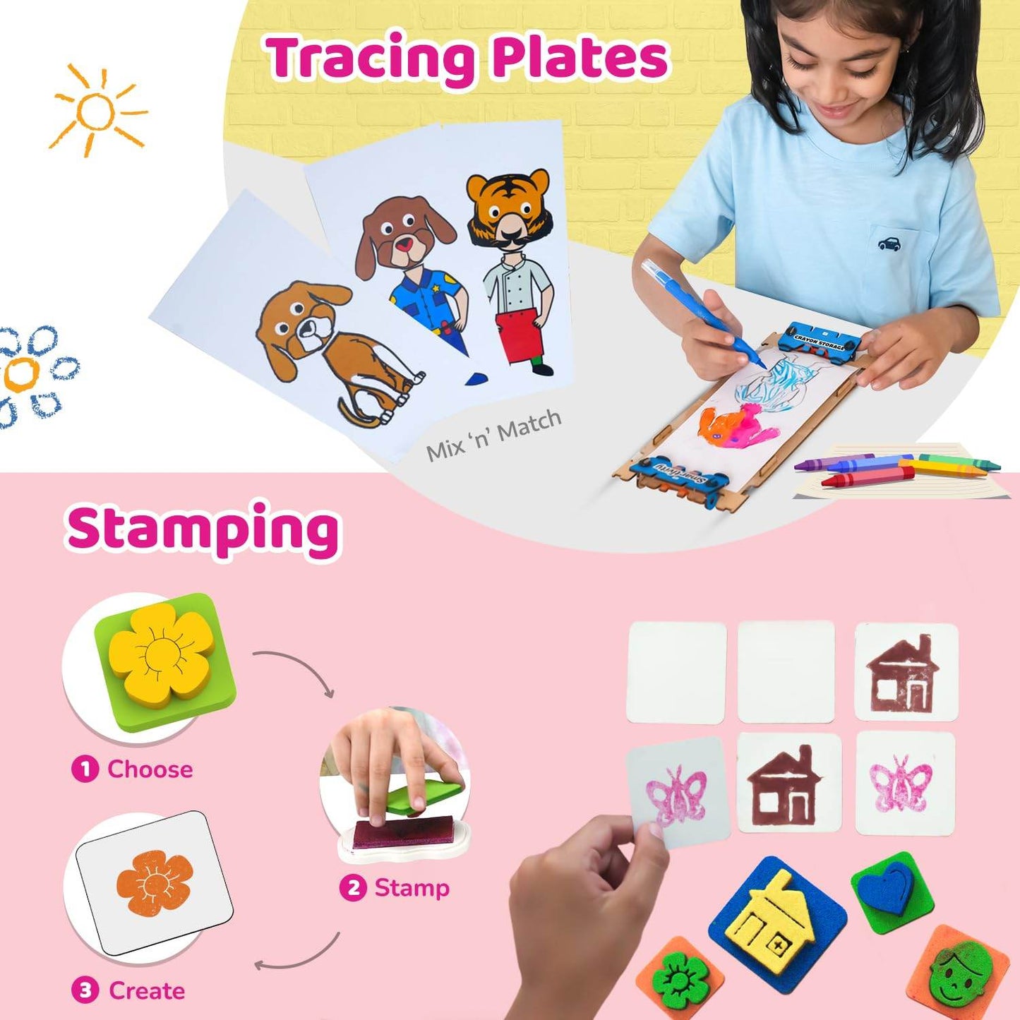 Art and craft kit for girls featuring tracing plates and stamping tools with colorful markers