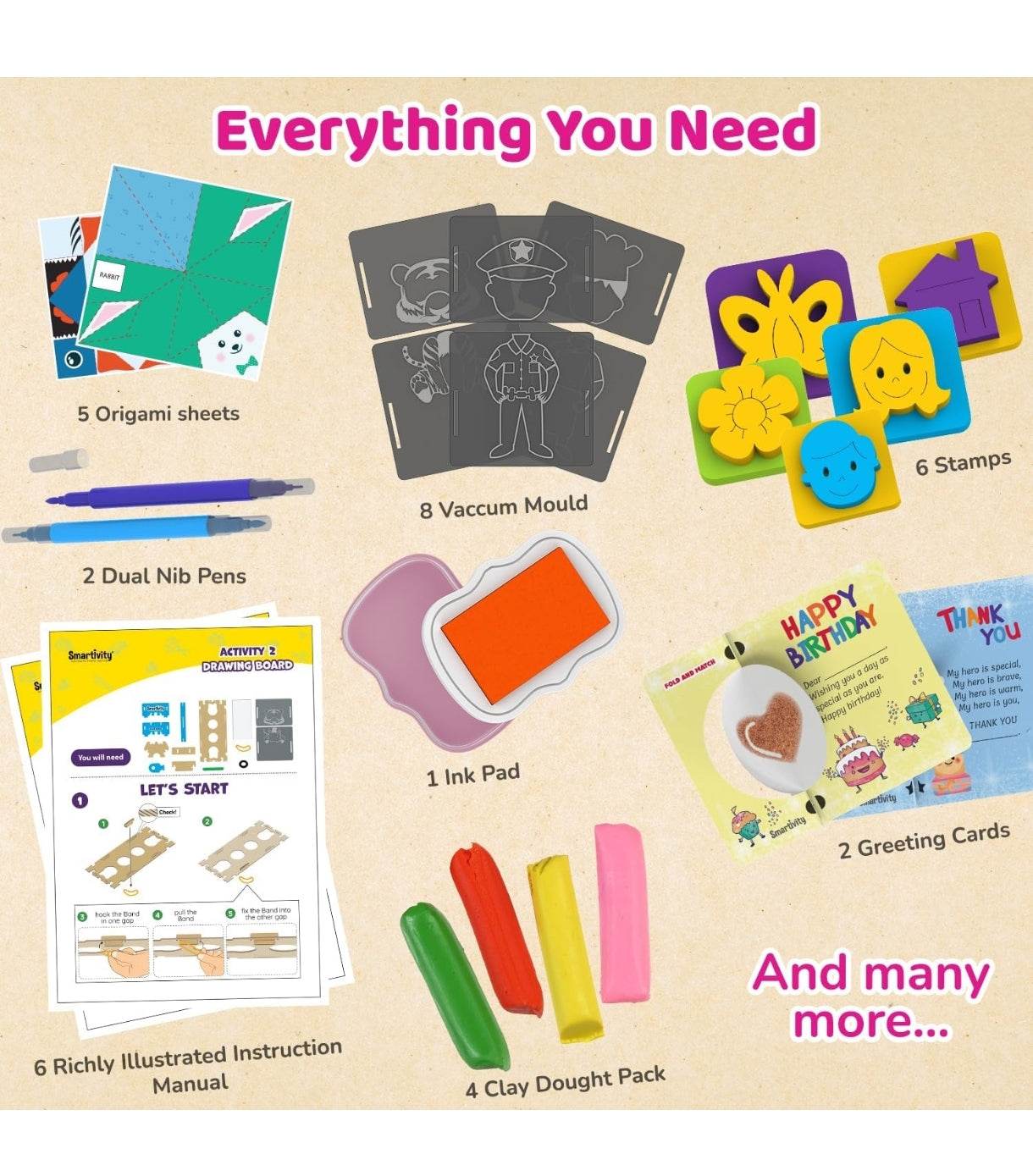 Creative birthday gift for kids featuring origami sheets, stamps, clay dough, ink pad, and greeting cards