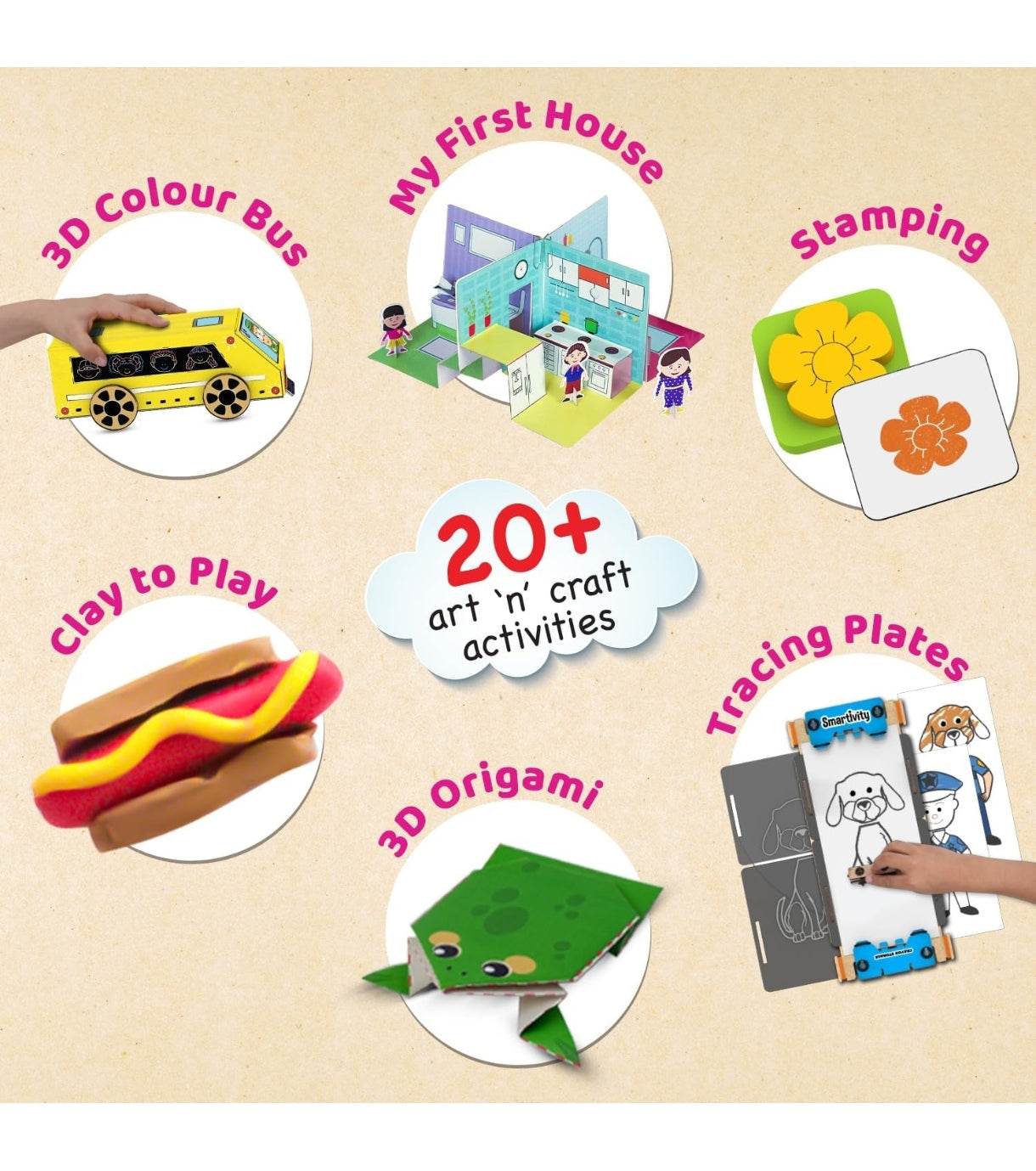 Creative birthday gift for kids with 20 plus art and craft activities including 3D colour bus and clay to play