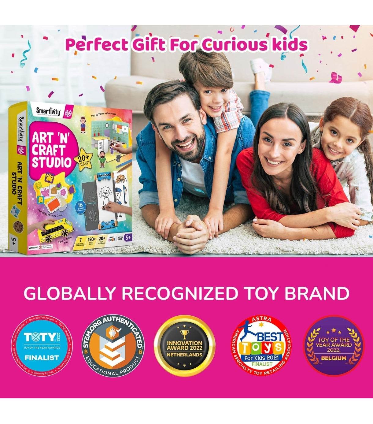 Creative birthday gift for kids art and craft studio kit with family enjoying playtime
