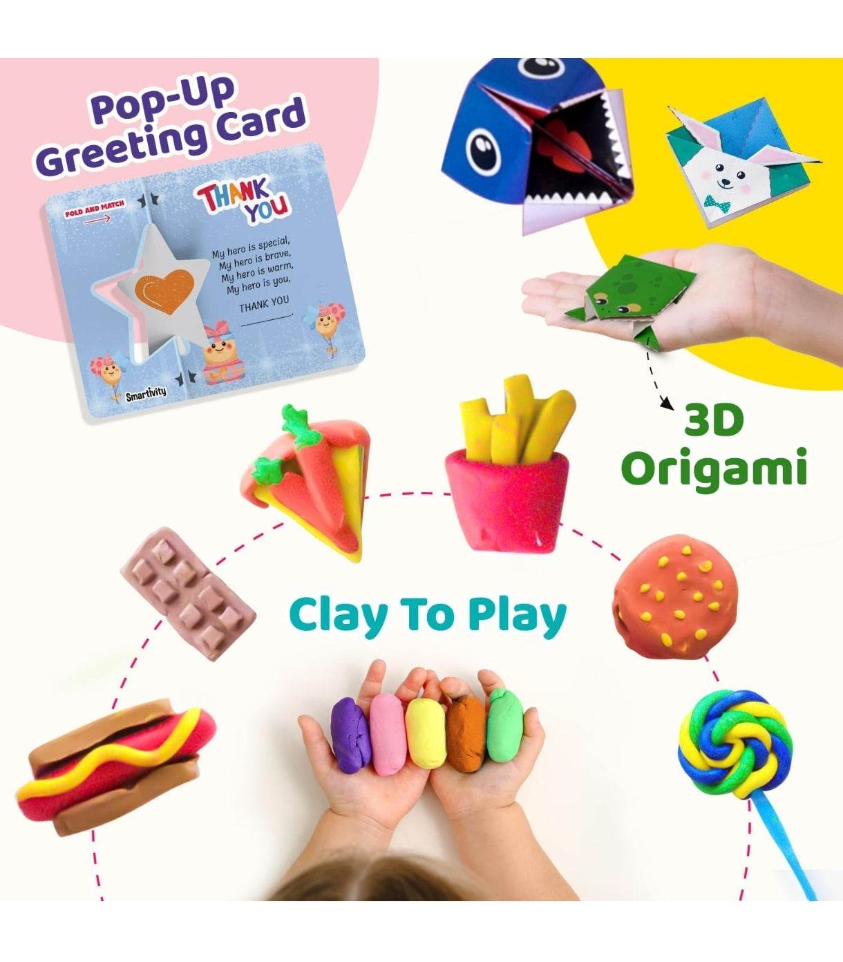 Creative birthday gift for kids featuring pop-up greeting card 3D origami and colorful clay to play shapes