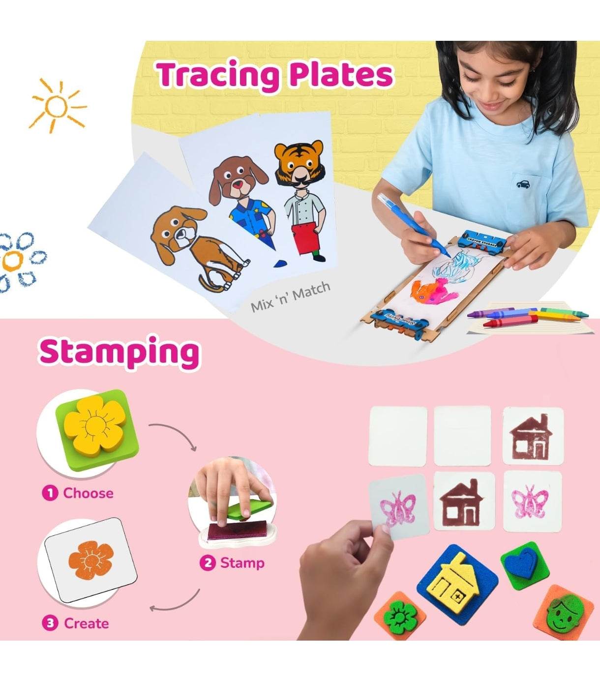 Creative birthday gift for kids featuring tracing plates and stamping activities with colorful designs