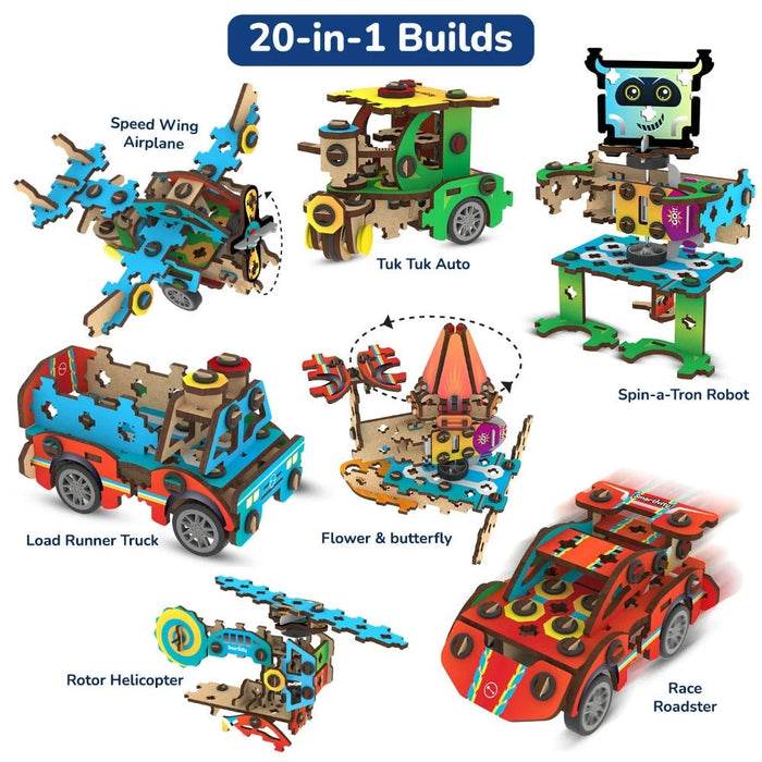 Smartivity 20in1 spin and go kit with 20 builds including airplane, tuk tuk auto, robot, truck, helicopter, and race car models