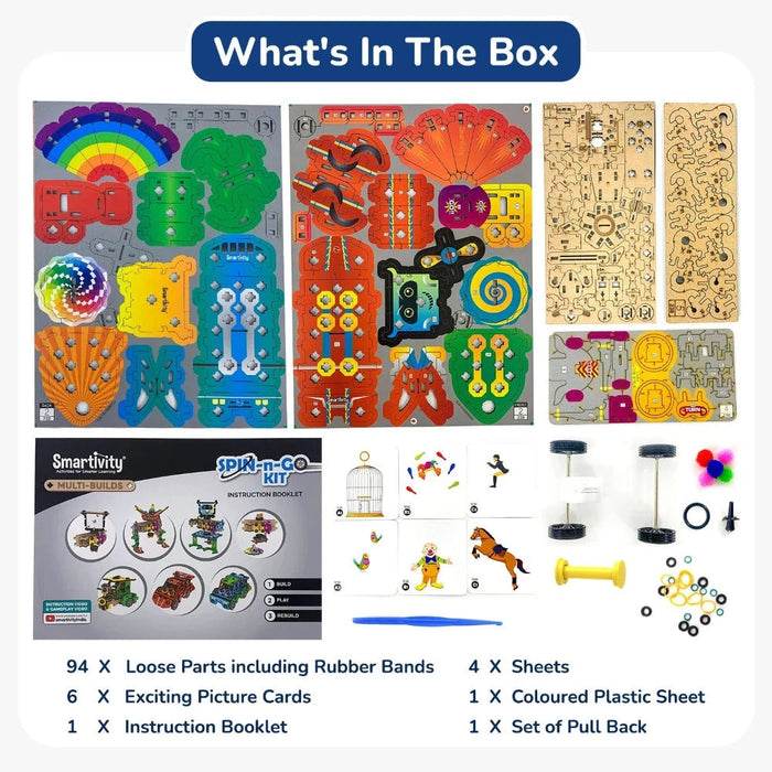 Smartivity 20in1 spin and go kit showing colorful parts, instruction booklet, picture cards, and accessories in box