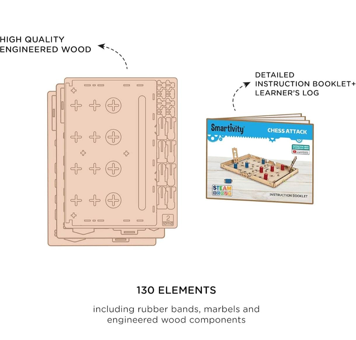 Smartivity Chess Attack construction kit with 130 elements including engineered wood pieces and instruction booklet