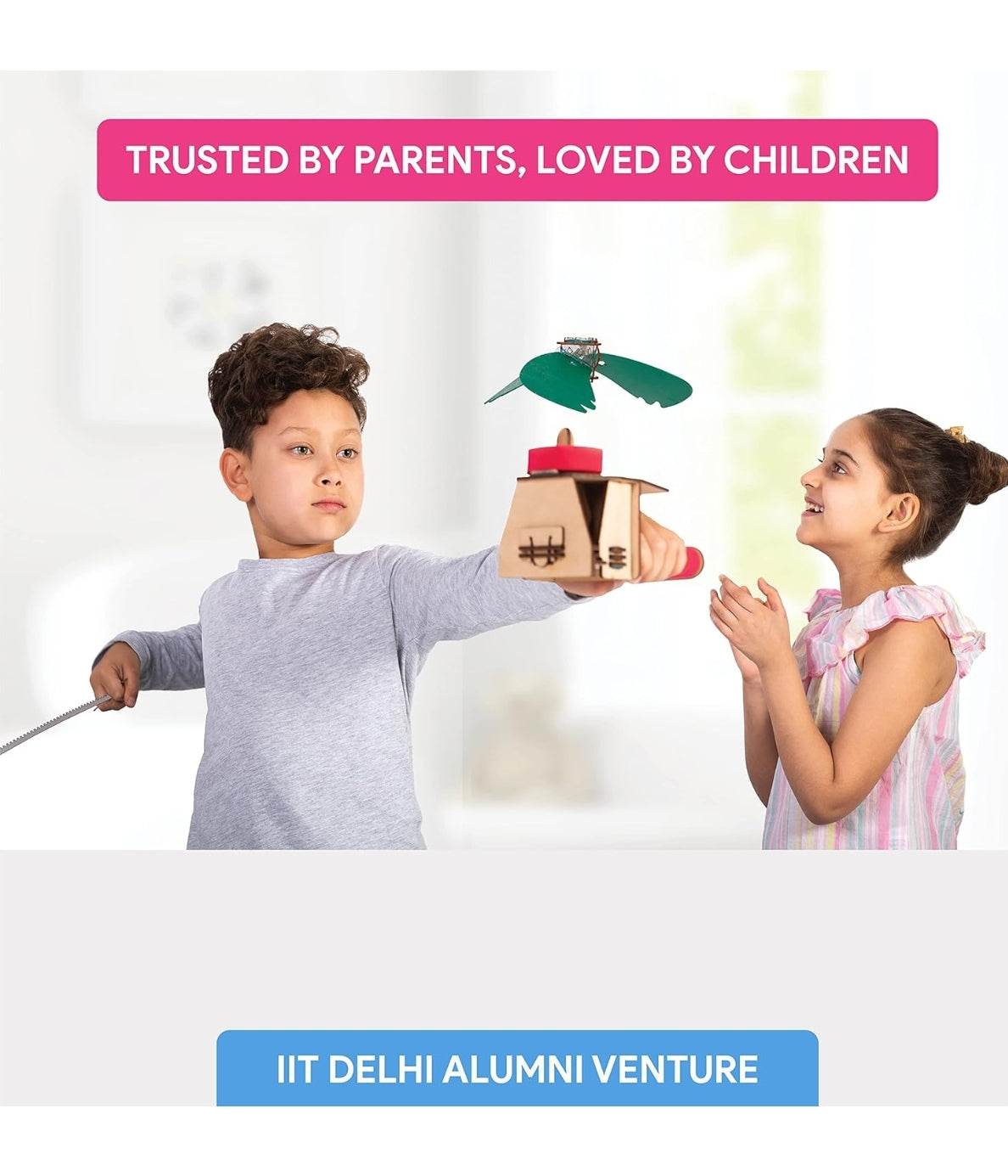 Children playing with a DIY flying machine kit for children in a bright indoor setting