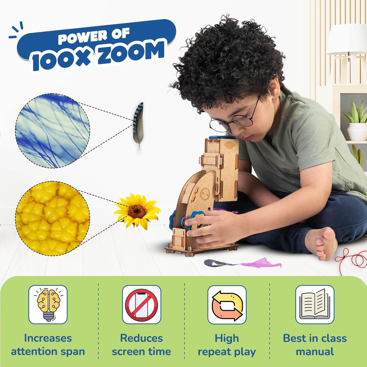 Child using a DIY microscope toy for 8-14 year olds with 100x zoom and educational benefits