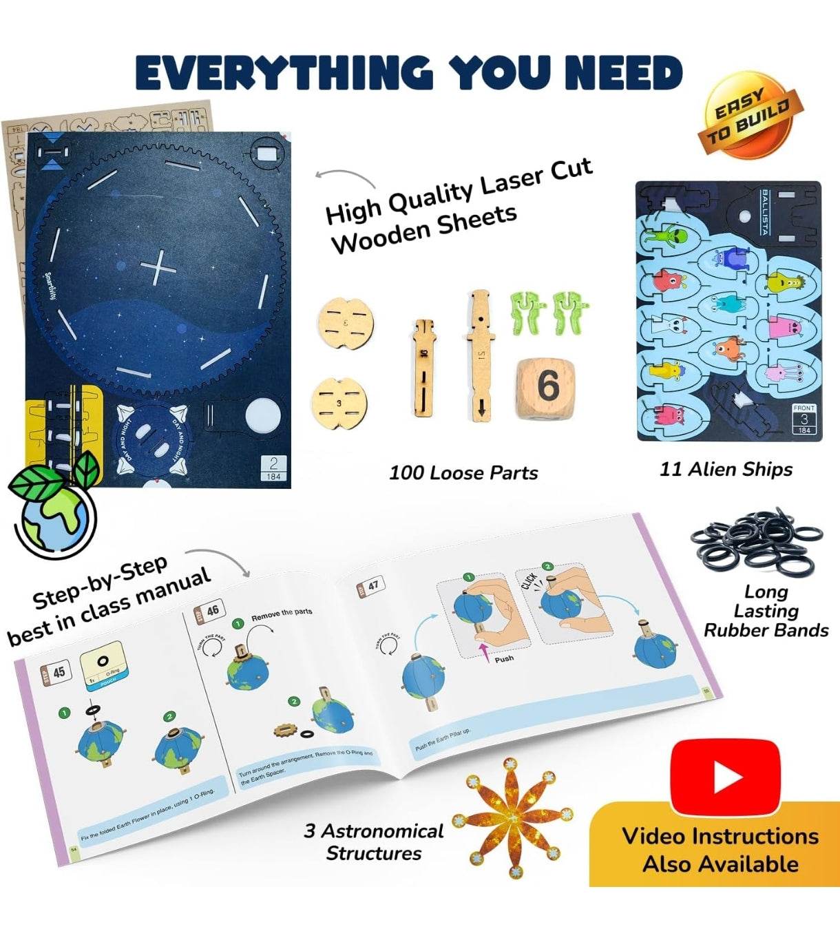 Earth Sun Moon model kit for kids with laser cut wooden sheets rubber bands and video instructions