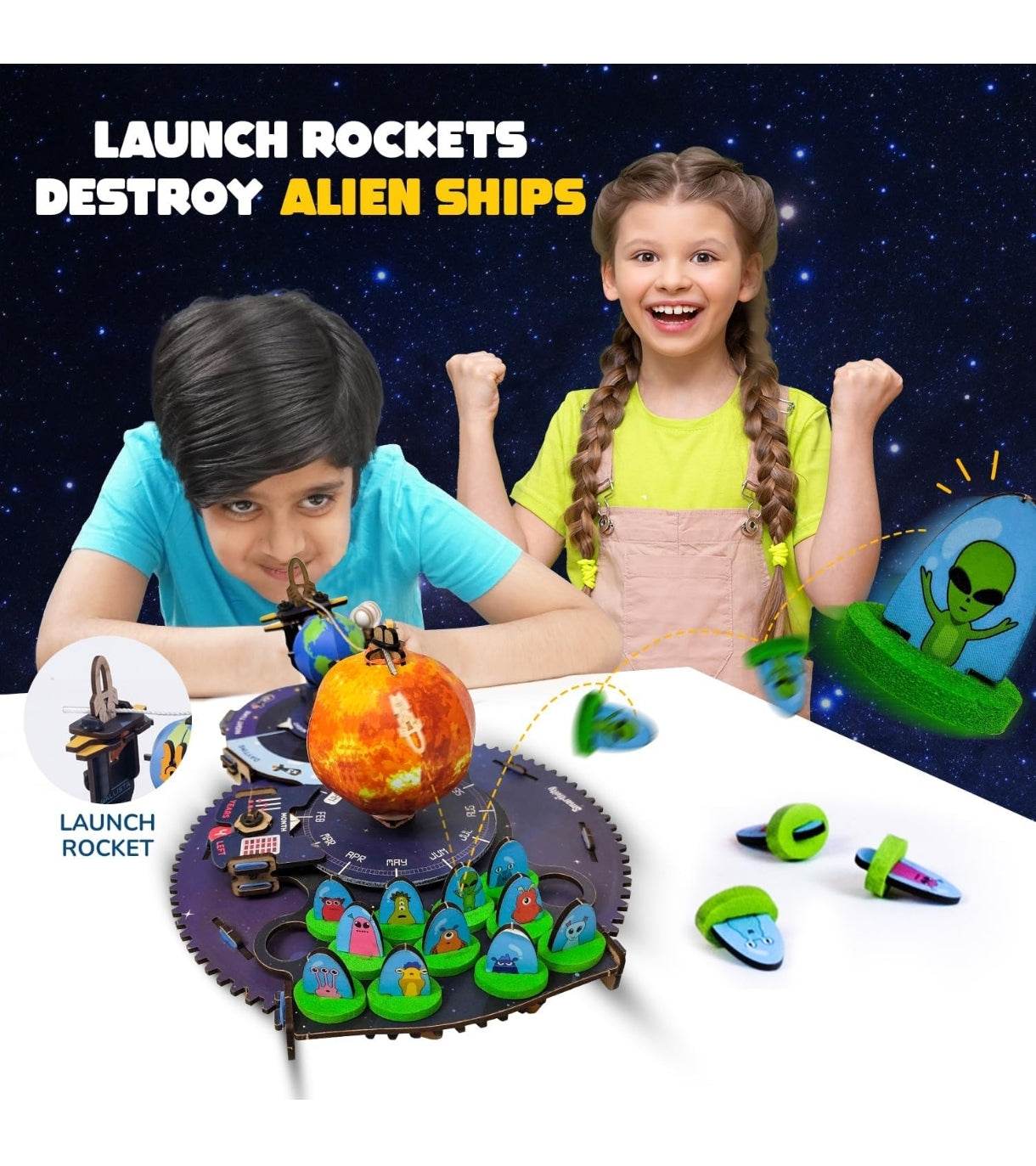 Children playing with Earth Sun Moon model kit for kids featuring launch rockets and alien ships