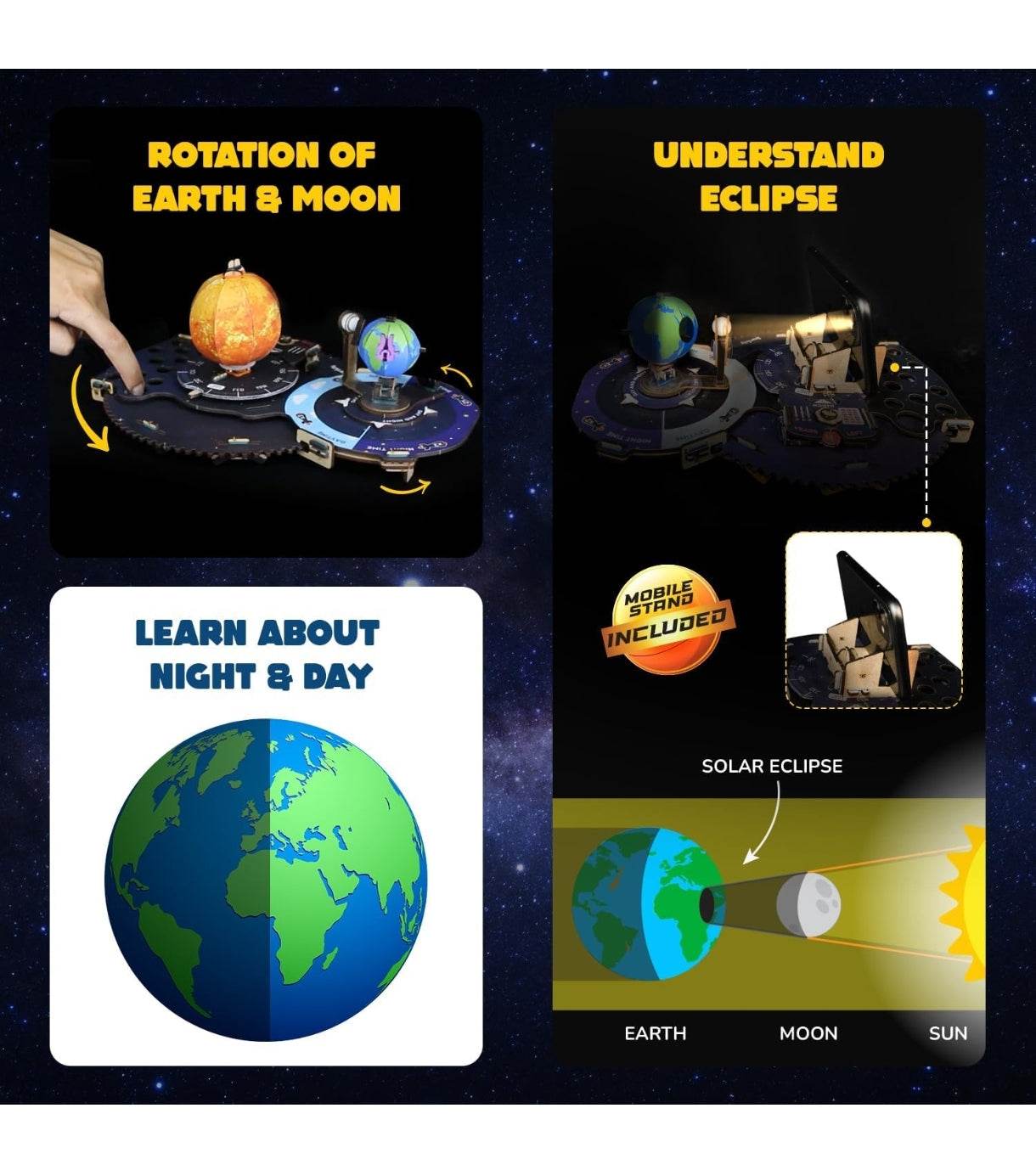 Earth Sun Moon model kit for kids showing rotation, eclipse simulation, and day night learning features