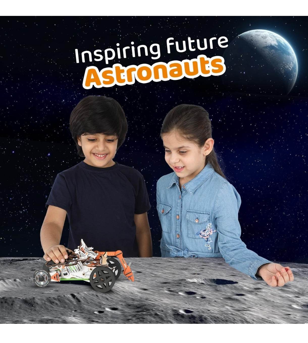 Children playing with Smartivity educational space toy on a moon surface background inspiring future astronauts