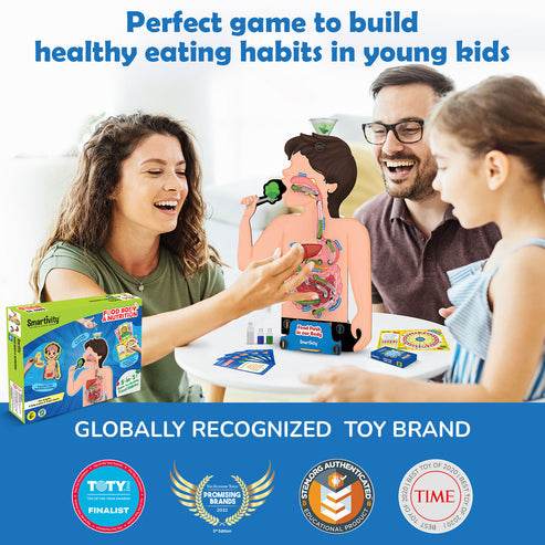 Family playing food and nutrition learning kit for children showing human digestive system educational game
