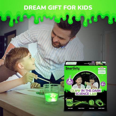 Glow in the dark science kit for kids with child and adult enjoying a glowing experiment at home