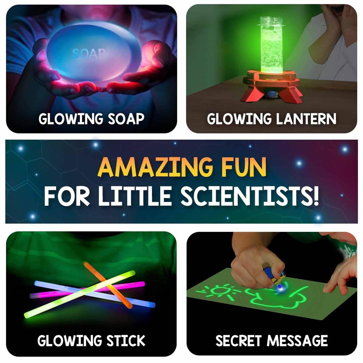 Glow in the dark science kit for kids featuring glowing soap, lantern, sticks, and secret message activities