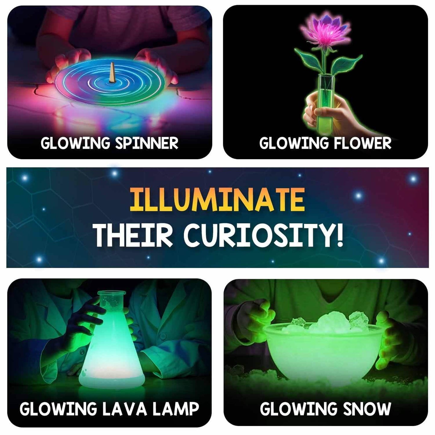 Glow in the dark science kit for kids featuring glowing spinner flower lava lamp and snow experiments
