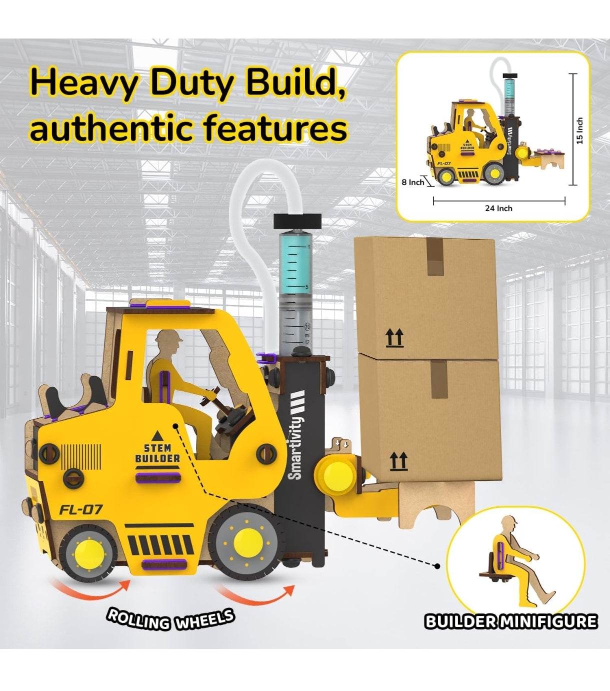 Hydraulic forklift toy for kids with rolling wheels and builder minifigure from T-Rex the toyland Sitamarhi