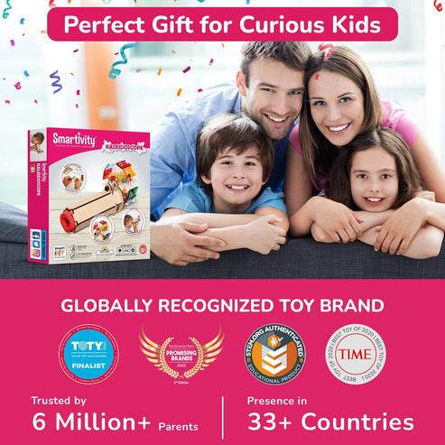 Smartivity kaleidoscope toy for kids gift box with happy family background and trusted brand badges