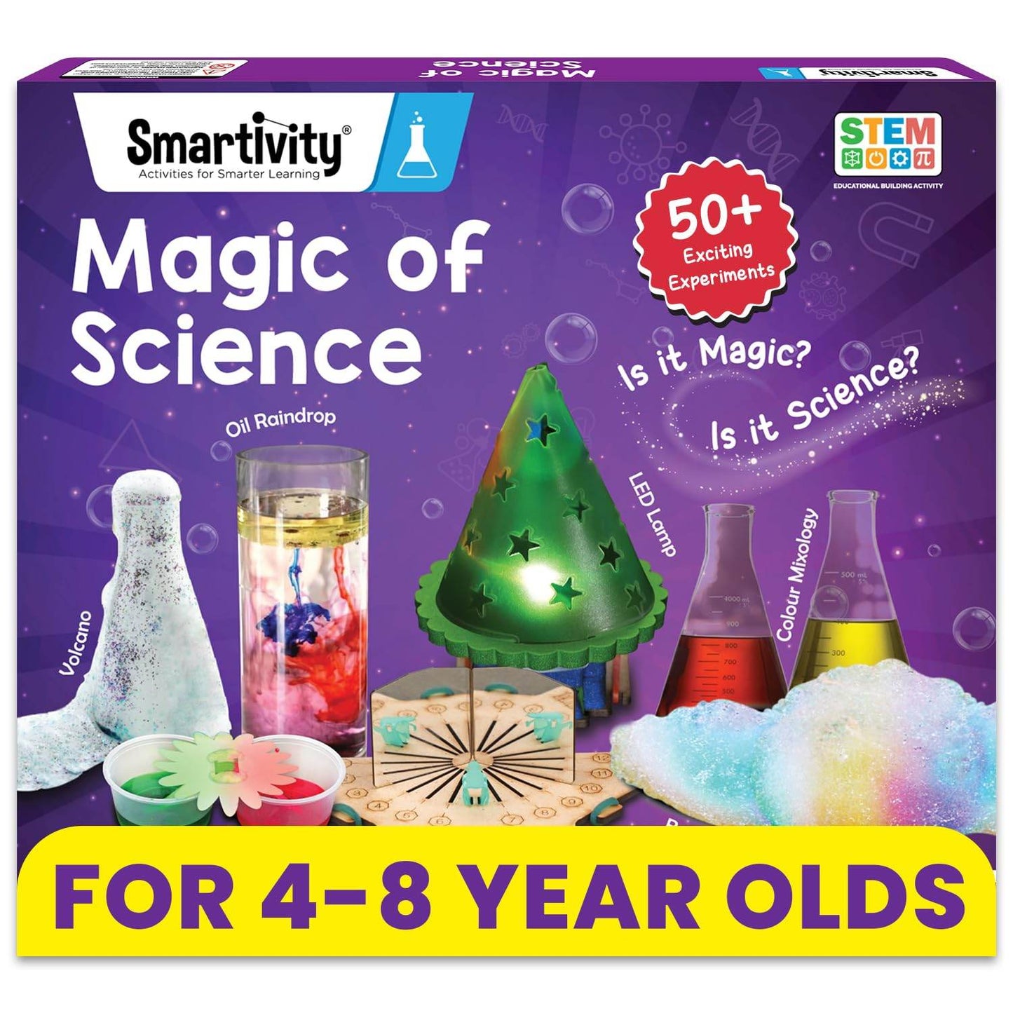 Magic science kit with 50 experiments for kids aged 4 to 8 featuring volcano and LED lamp activities