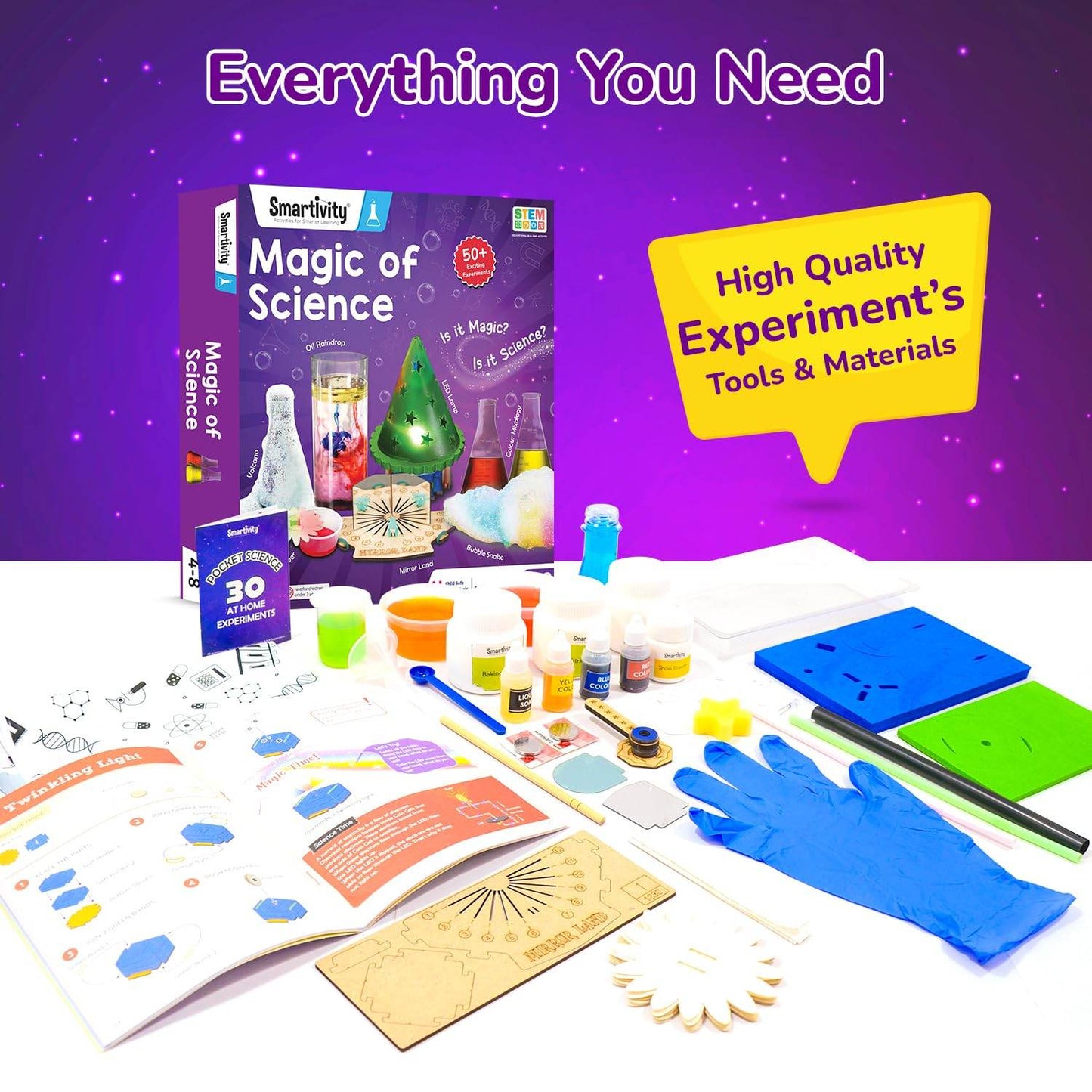 Magic science kit with 50 experiments including tools, materials, and instruction book for kids
