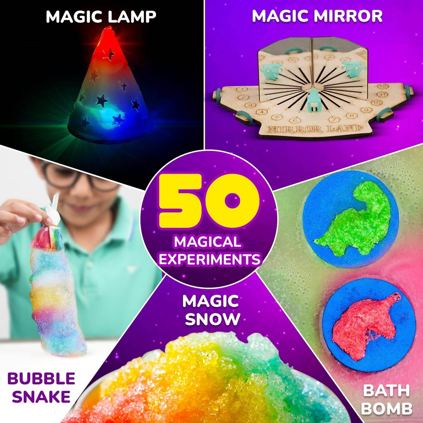 Magic science kit with 50 experiments featuring magic lamp, magic mirror, bubble snake, magic snow, and bath bomb activities